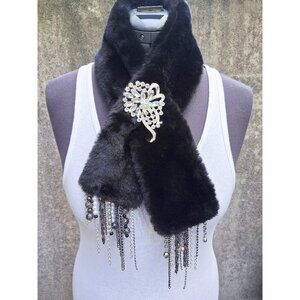 Faux Fur Scarf with Crystal Broach - Upcyle with chains/beads